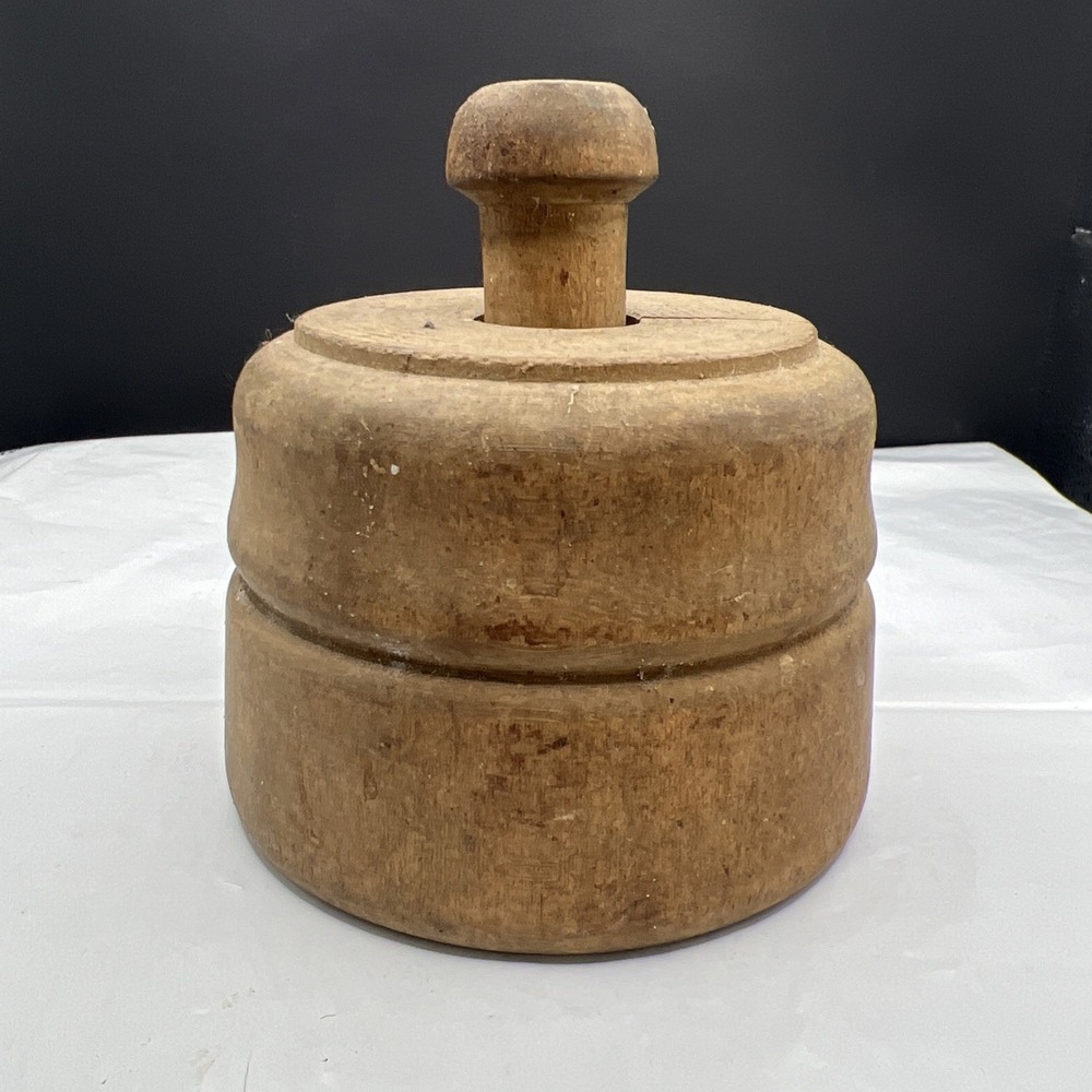 Antique Small Wood Butter Mold & Stamp With Botanical Motif, Primitive